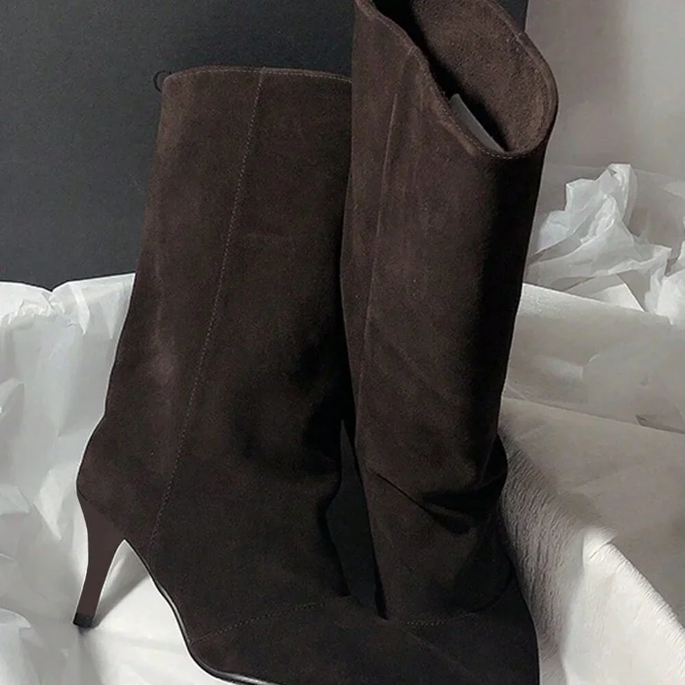 Brown Elegant Women's Suede Pointed Toe Western Cowgirl Boots